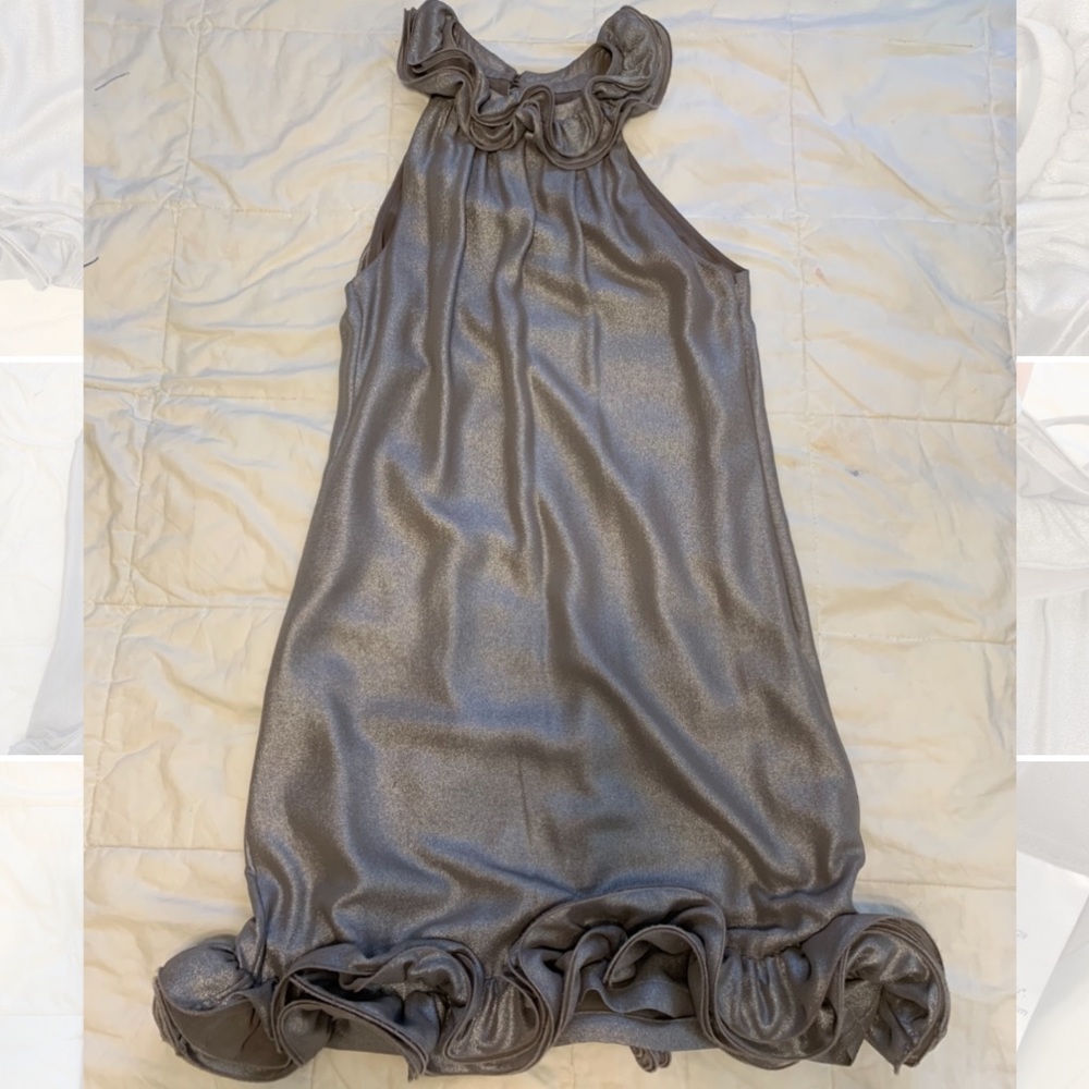 TED BAKER Silver Metallic Ruffle Night Out Dress